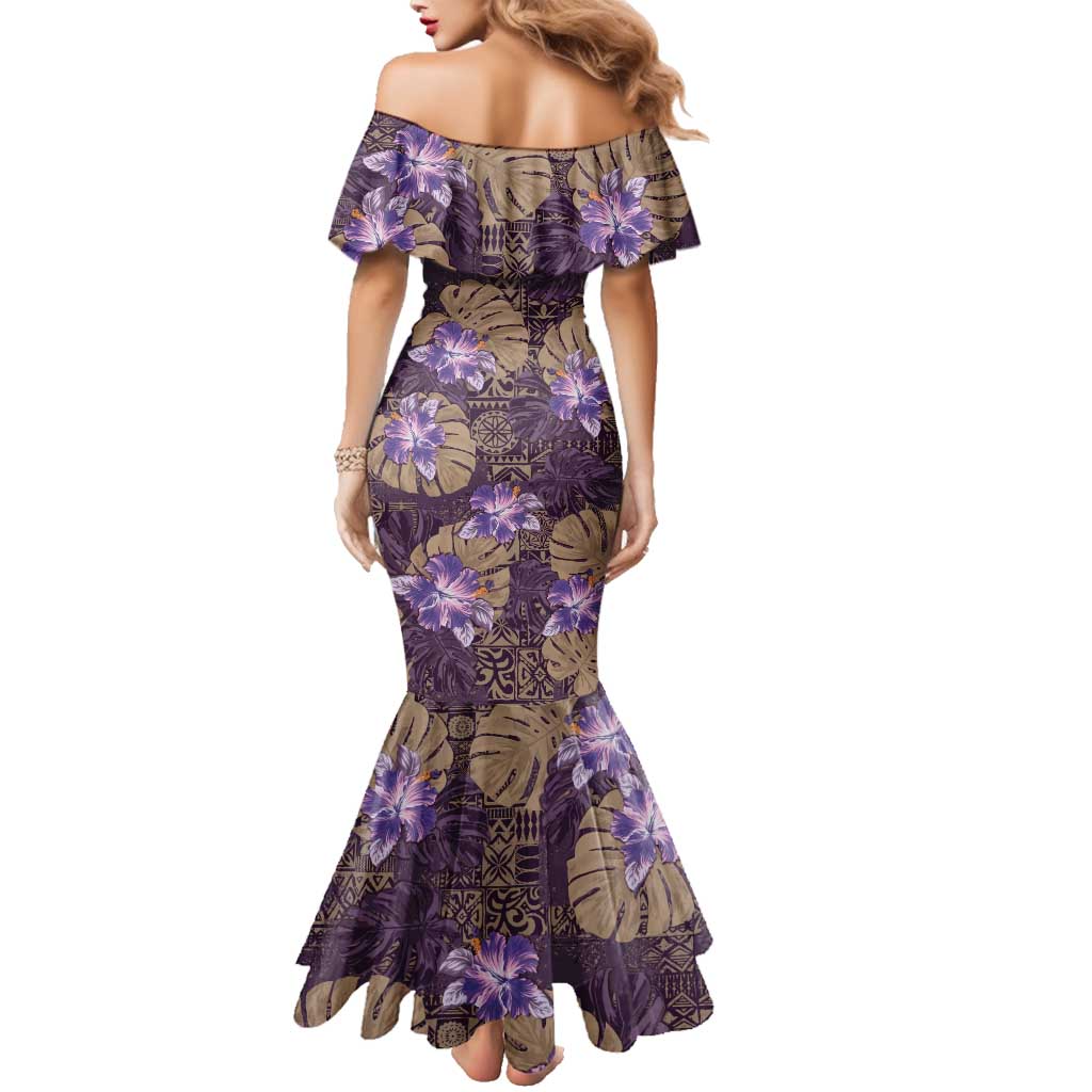 Hawaii Family Matching Mermaid Dress and Hawaiian Shirt Purple Polynesian Monstera Patterns - Polynesian Pride