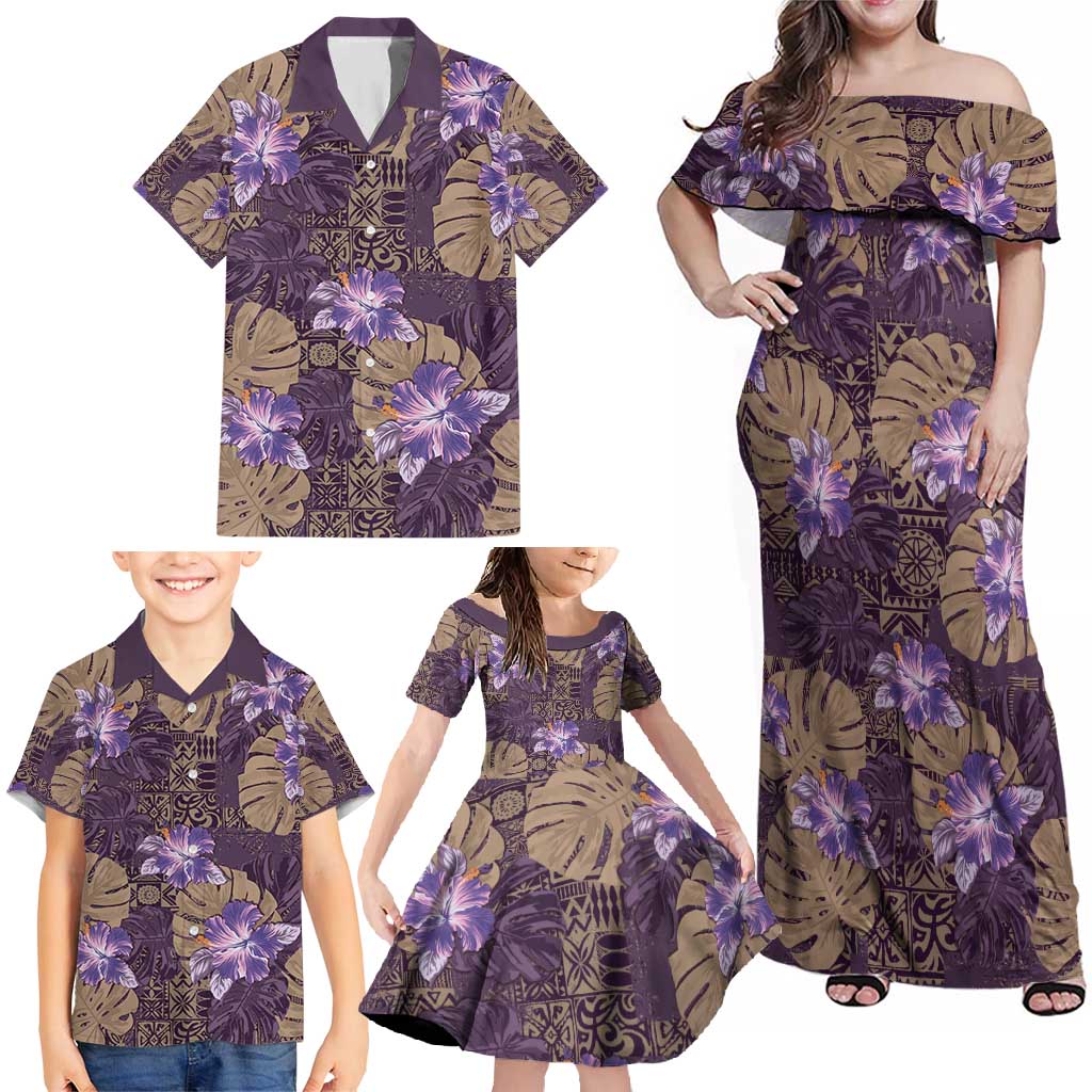 Hawaii Family Matching Off Shoulder Maxi Dress and Hawaiian Shirt Purple Polynesian Monstera Patterns DT05 - Polynesian Pride