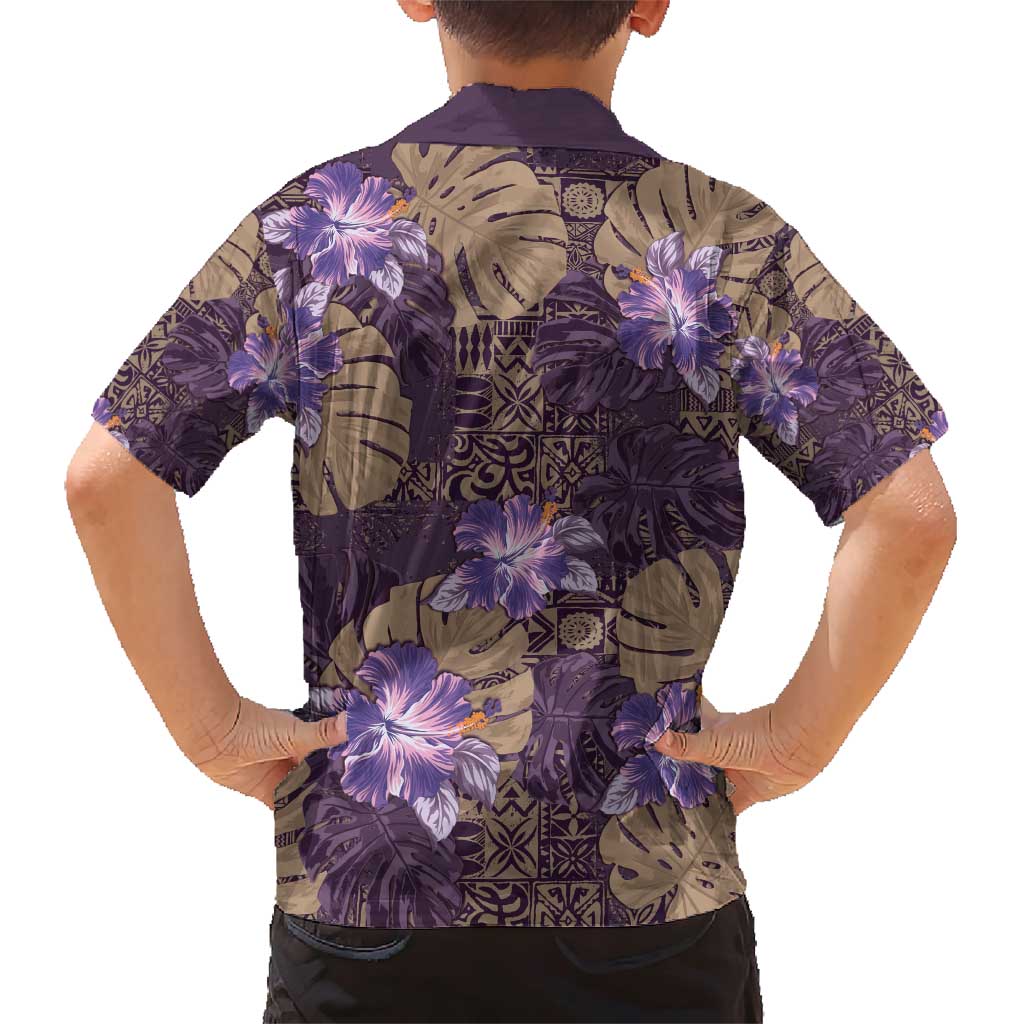 Hawaii Family Matching Short Sleeve Bodycon Dress and Hawaiian Shirt Purple Polynesian Monstera Patterns - Polynesian Pride