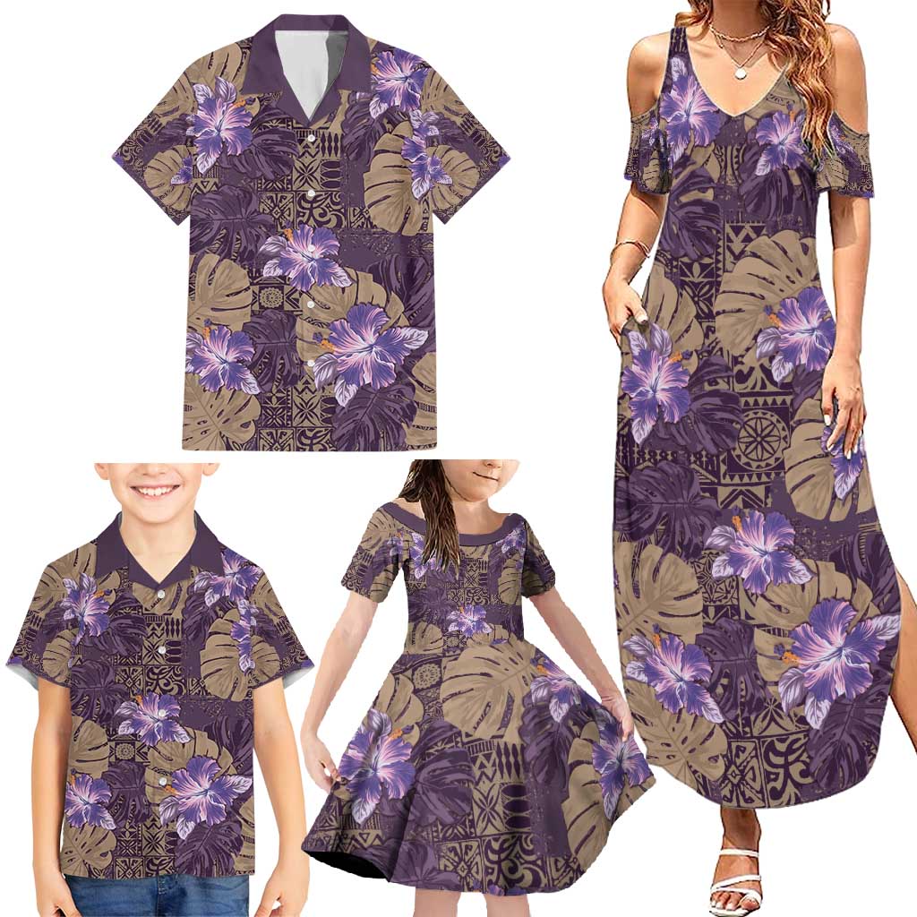 Hawaii Family Matching Summer Maxi Dress and Hawaiian Shirt Purple Polynesian Monstera Patterns DT05 - Polynesian Pride