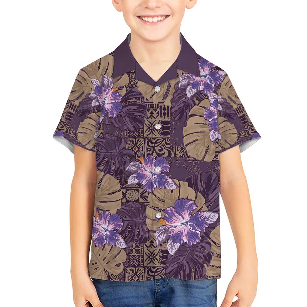 Hawaii Kid Hawaiian Shirt Purple Polynesian Monstera Patterns - Polynesian Pride