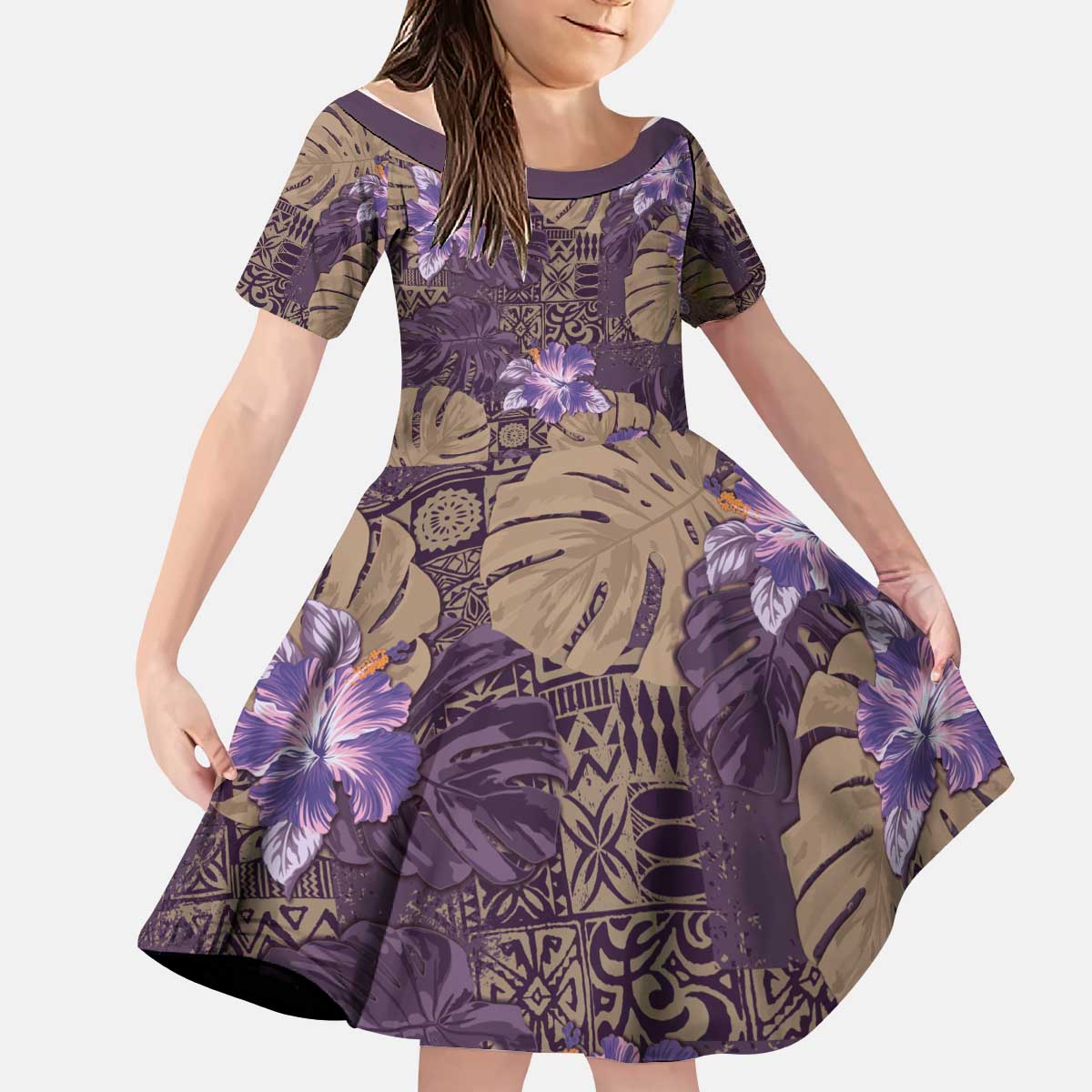 Hawaii Kid Short Sleeve Dress Purple Polynesian Monstera Patterns - Polynesian Pride