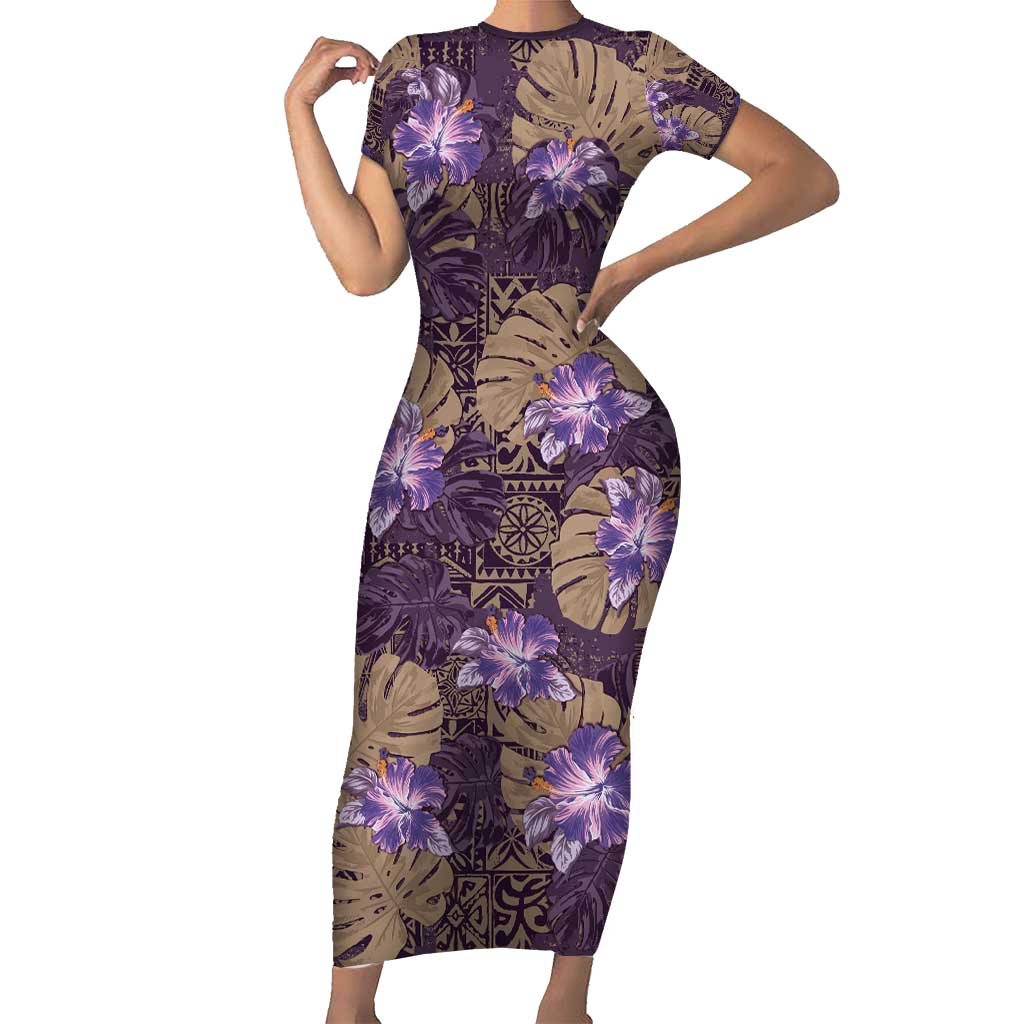 Hawaii Short Sleeve Bodycon Dress Purple Polynesian Monstera Patterns - Polynesian Pride