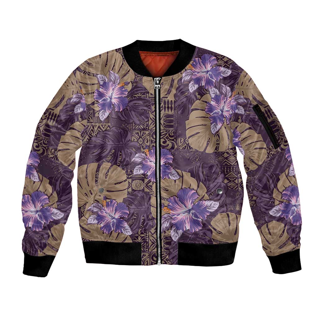 Hawaii Sleeve Zip Bomber Jacket Purple Polynesian Monstera Patterns DT05 Unisex Purple - Polynesian Pride