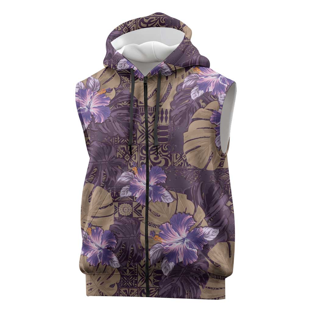 Hawaii Sleeveless Zip Hoodie Purple Polynesian Monstera Patterns - Polynesian Pride