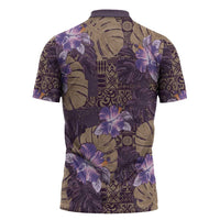 Hawaii Zipper Polo Shirt Purple Polynesian Monstera Patterns - Polynesian Pride