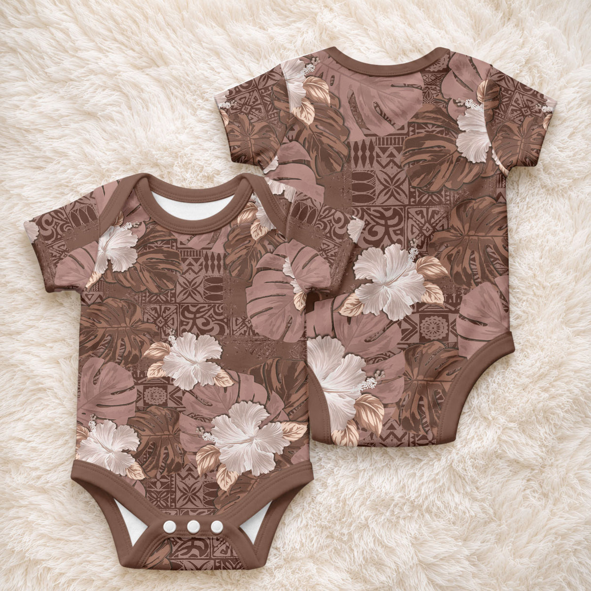 Hawaii Baby Onesie Brown Polynesian Monstera Patterns