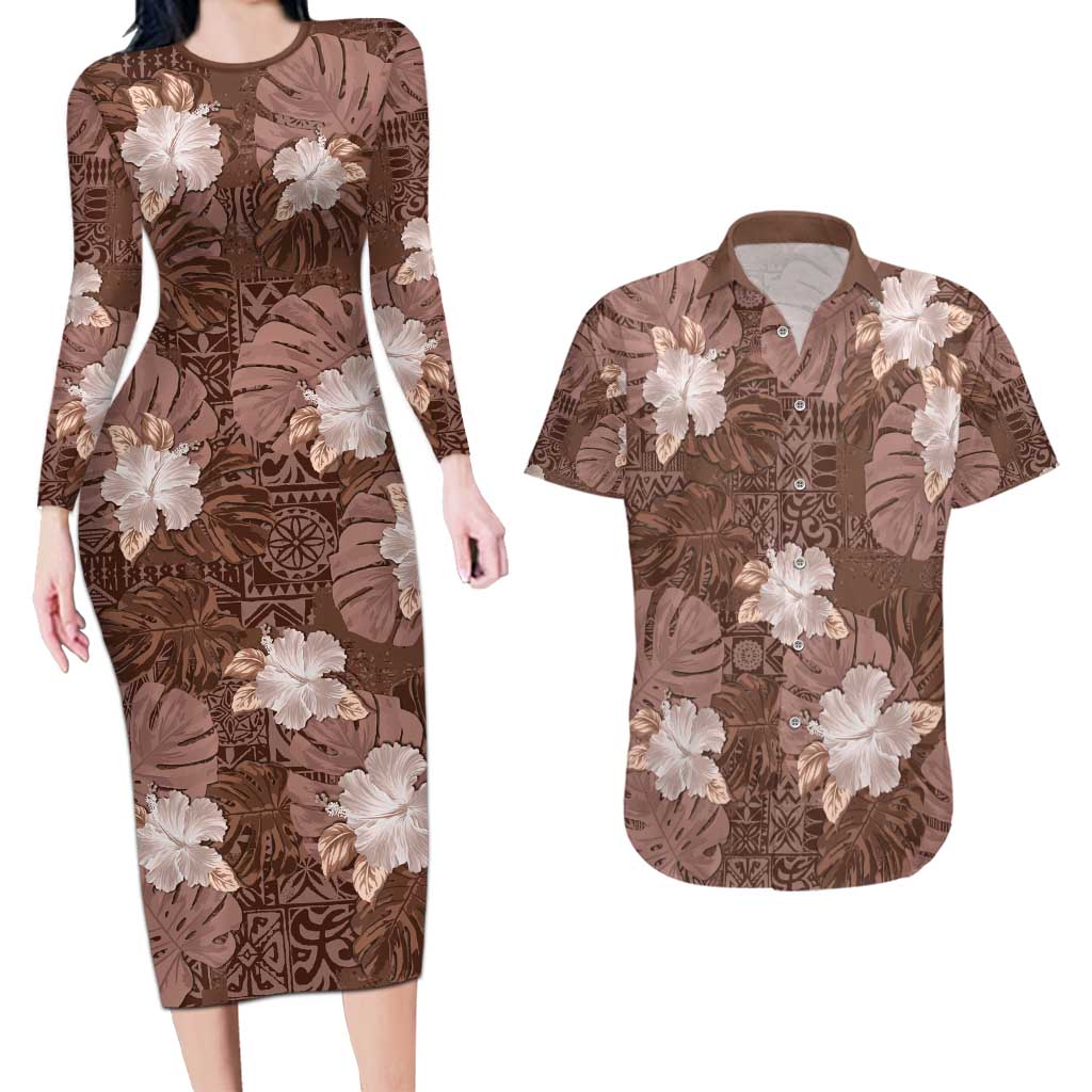 Hawaii Couples Matching Long Sleeve Bodycon Dress and Hawaiian Shirt Brown Polynesian Monstera Patterns DT05 Brown - Polynesian Pride