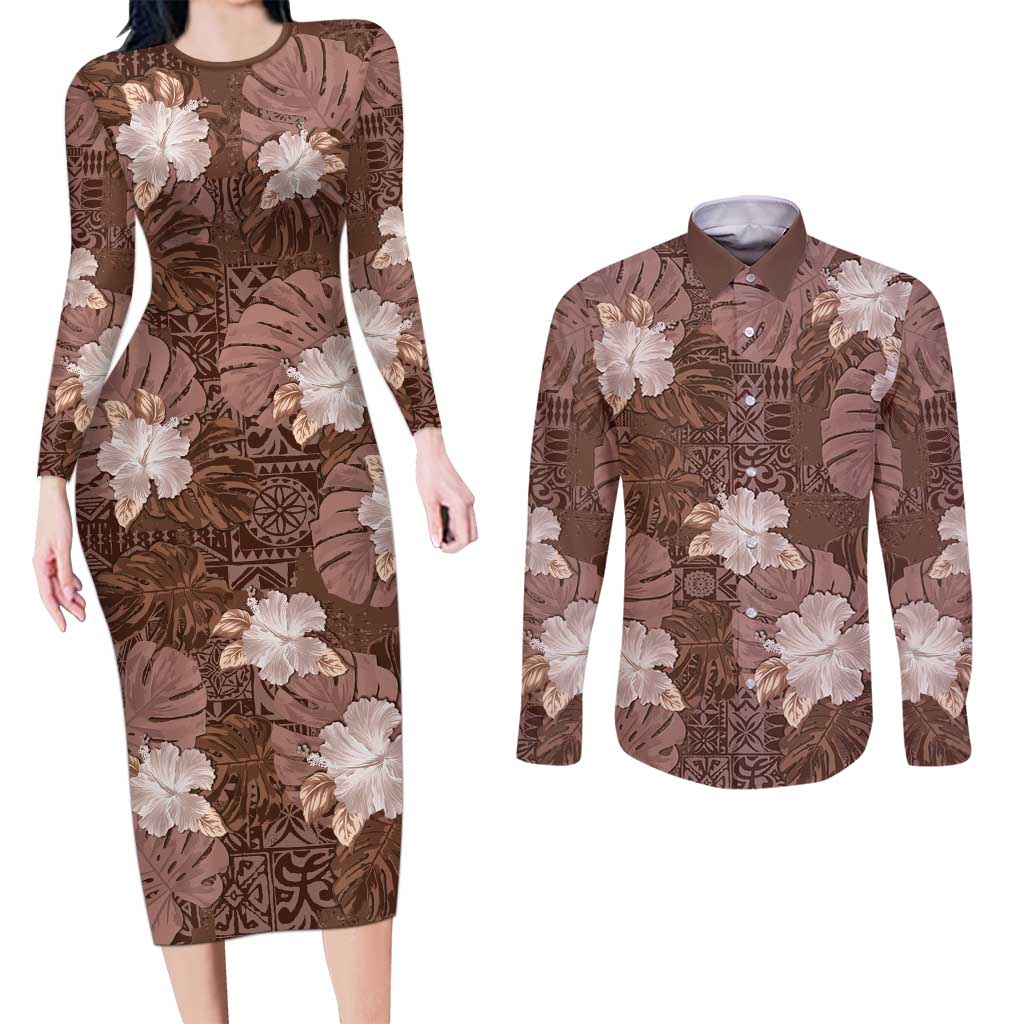 Hawaii Couples Matching Long Sleeve Bodycon Dress and Long Sleeve Button Shirt Brown Polynesian Monstera Patterns DT05 Brown - Polynesian Pride