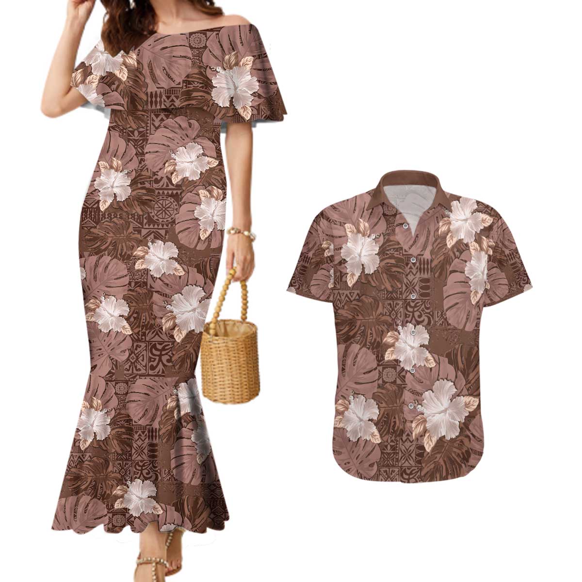 Hawaii Couples Matching Mermaid Dress and Hawaiian Shirt Brown Polynesian Monstera Patterns DT05 Brown - Polynesian Pride
