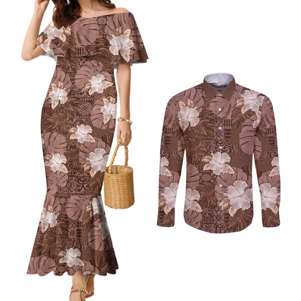 Hawaii Couples Matching Mermaid Dress and Long Sleeve Button Shirt Brown Polynesian Monstera Patterns DT05 Brown - Polynesian Pride