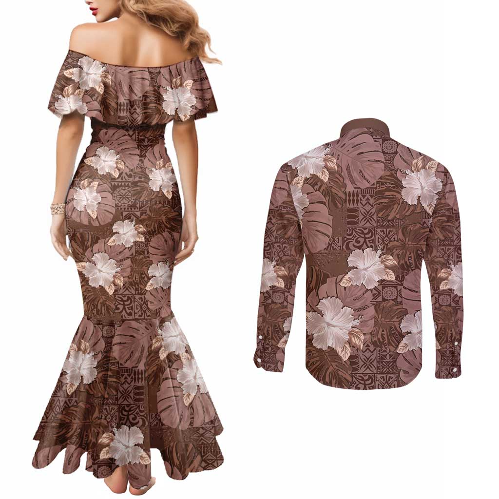 Hawaii Couples Matching Mermaid Dress and Long Sleeve Button Shirt Brown Polynesian Monstera Patterns DT05 - Polynesian Pride