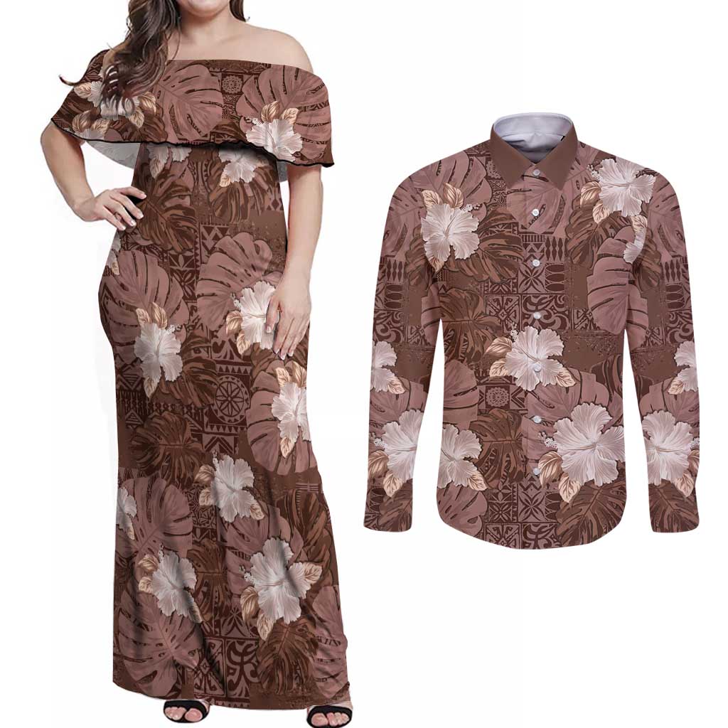 Hawaii Couples Matching Off Shoulder Maxi Dress and Long Sleeve Button Shirt Brown Polynesian Monstera Patterns DT05 Brown - Polynesian Pride
