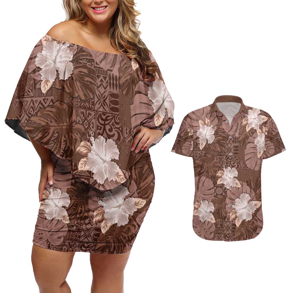 Hawaii Couples Matching Off Shoulder Short Dress and Hawaiian Shirt Brown Polynesian Monstera Patterns DT05 Brown - Polynesian Pride
