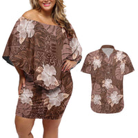 Hawaii Couples Matching Off Shoulder Short Dress and Hawaiian Shirt Brown Polynesian Monstera Patterns DT05 Brown - Polynesian Pride
