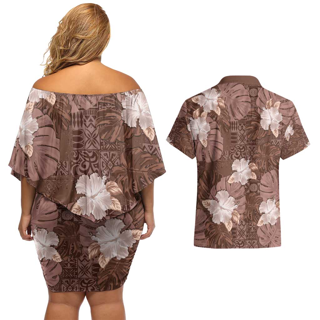 Hawaii Couples Matching Off Shoulder Short Dress and Hawaiian Shirt Brown Polynesian Monstera Patterns DT05 - Polynesian Pride