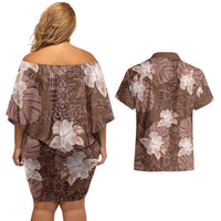 Hawaii Couples Matching Off Shoulder Short Dress and Hawaiian Shirt Brown Polynesian Monstera Patterns DT05 - Polynesian Pride