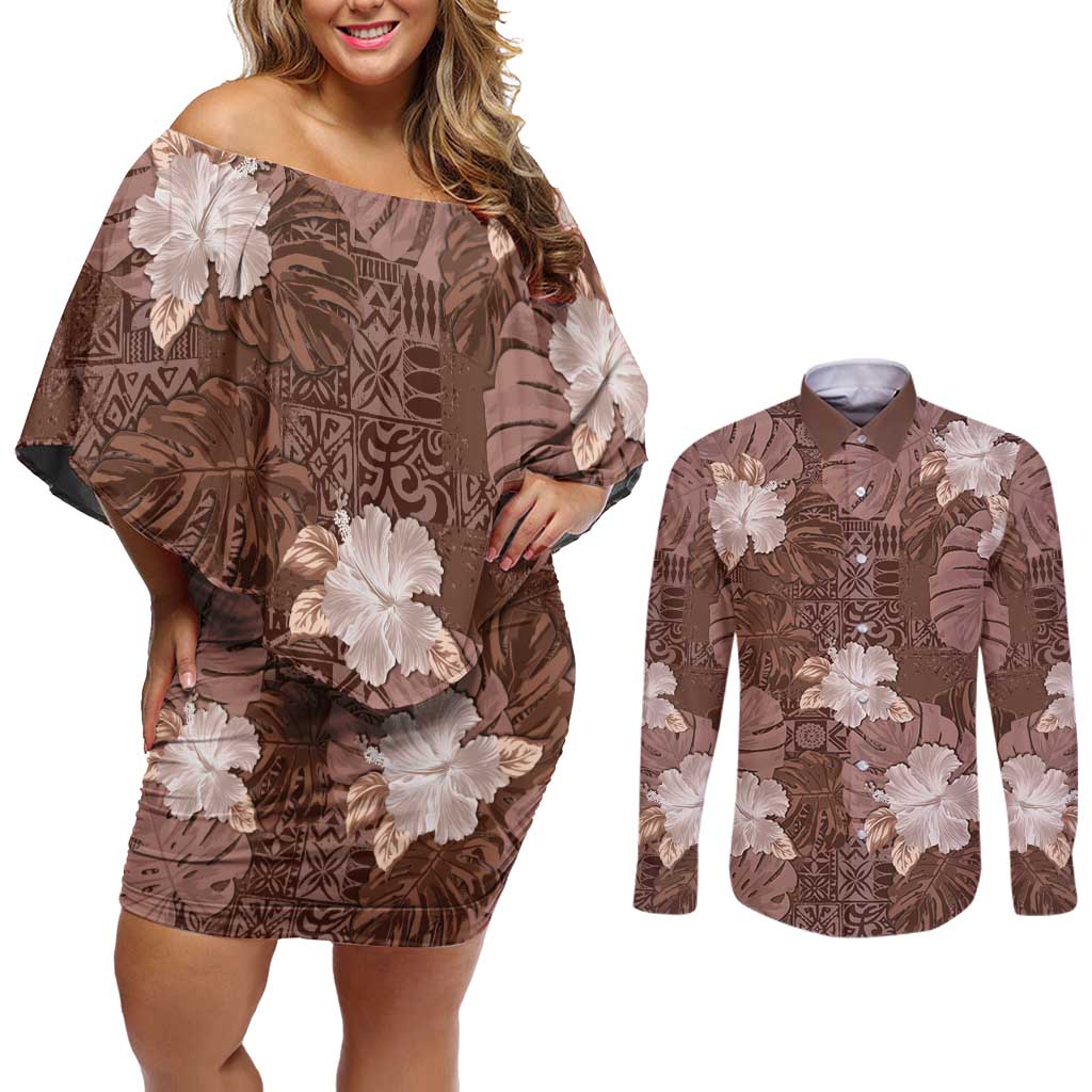 Hawaii Couples Matching Off Shoulder Short Dress and Long Sleeve Button Shirt Brown Polynesian Monstera Patterns DT05 Brown - Polynesian Pride