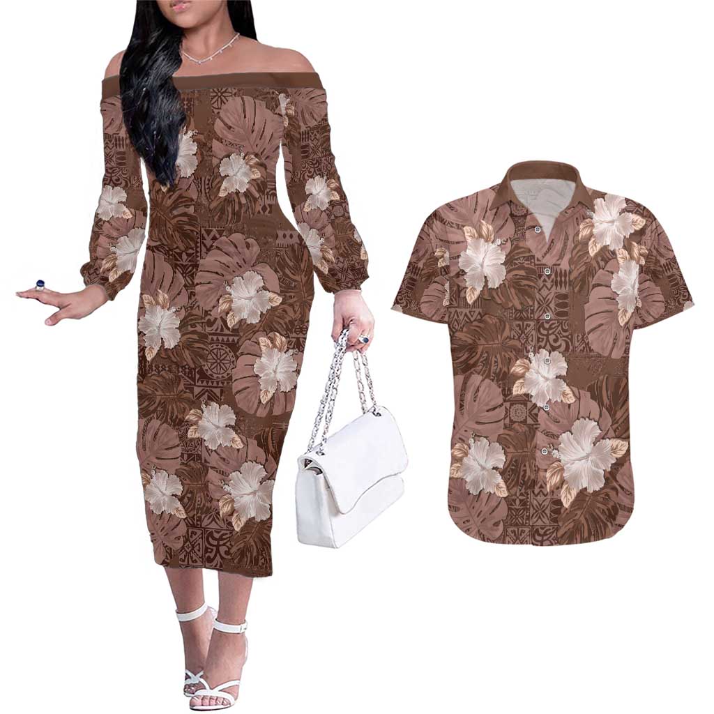 Hawaii Couples Matching Off The Shoulder Long Sleeve Dress and Hawaiian Shirt Brown Polynesian Monstera Patterns DT05 Brown - Polynesian Pride