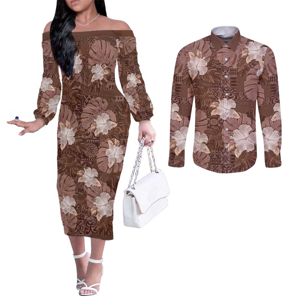 Hawaii Couples Matching Off The Shoulder Long Sleeve Dress and Long Sleeve Button Shirt Brown Polynesian Monstera Patterns DT05 Brown - Polynesian Pride