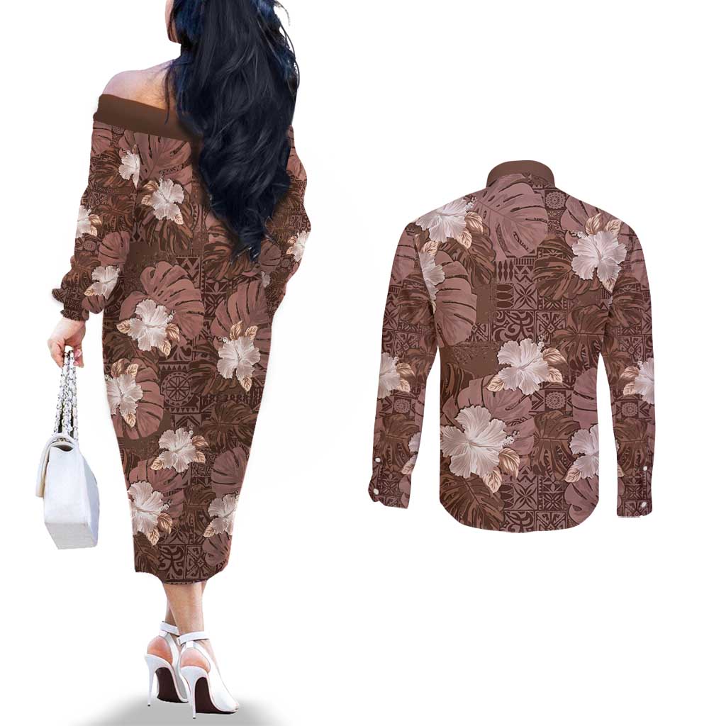 Hawaii Couples Matching Off The Shoulder Long Sleeve Dress and Long Sleeve Button Shirt Brown Polynesian Monstera Patterns DT05 - Polynesian Pride