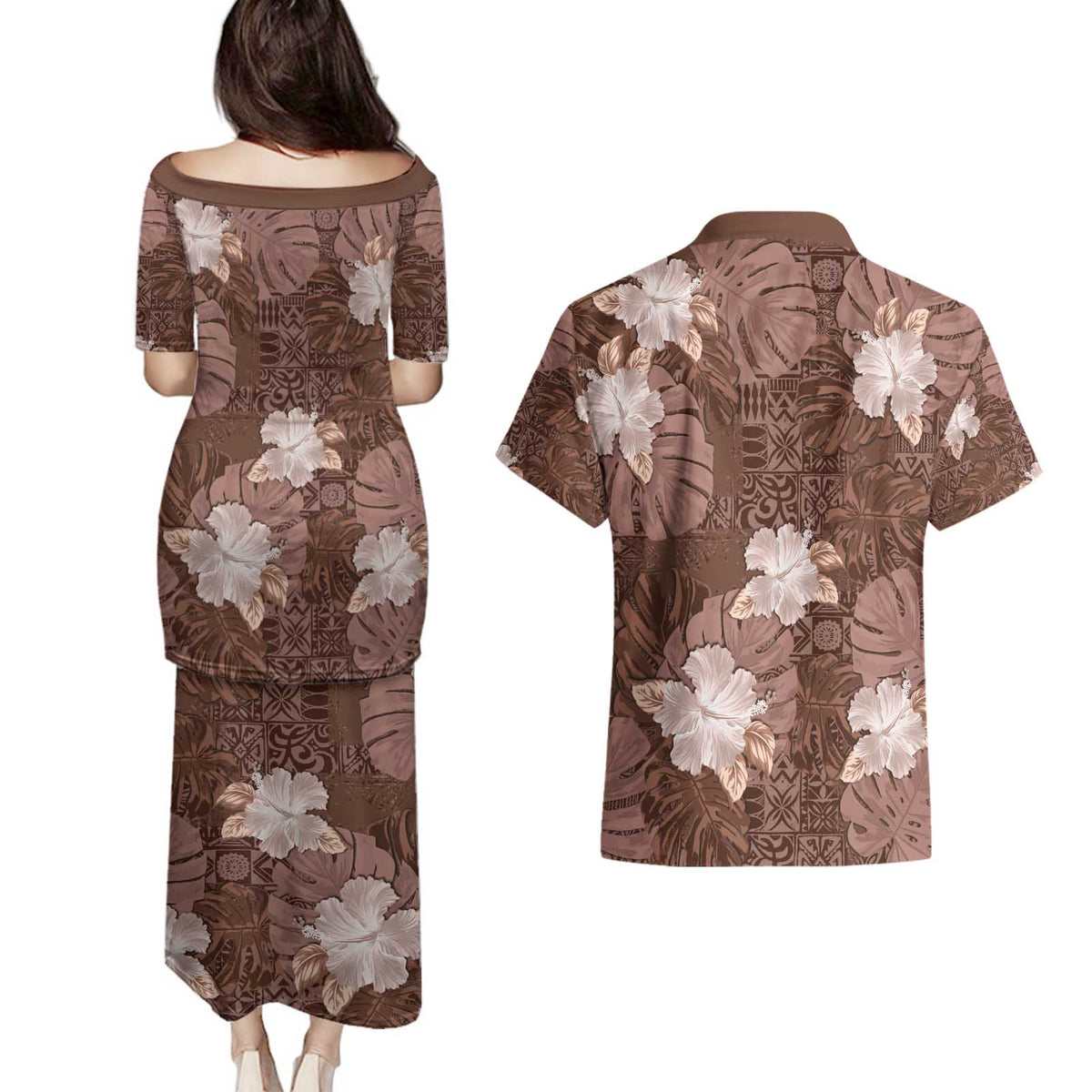 Hawaii Couples Matching Puletasi and Hawaiian Shirt Brown Polynesian Monstera Patterns - Polynesian Pride