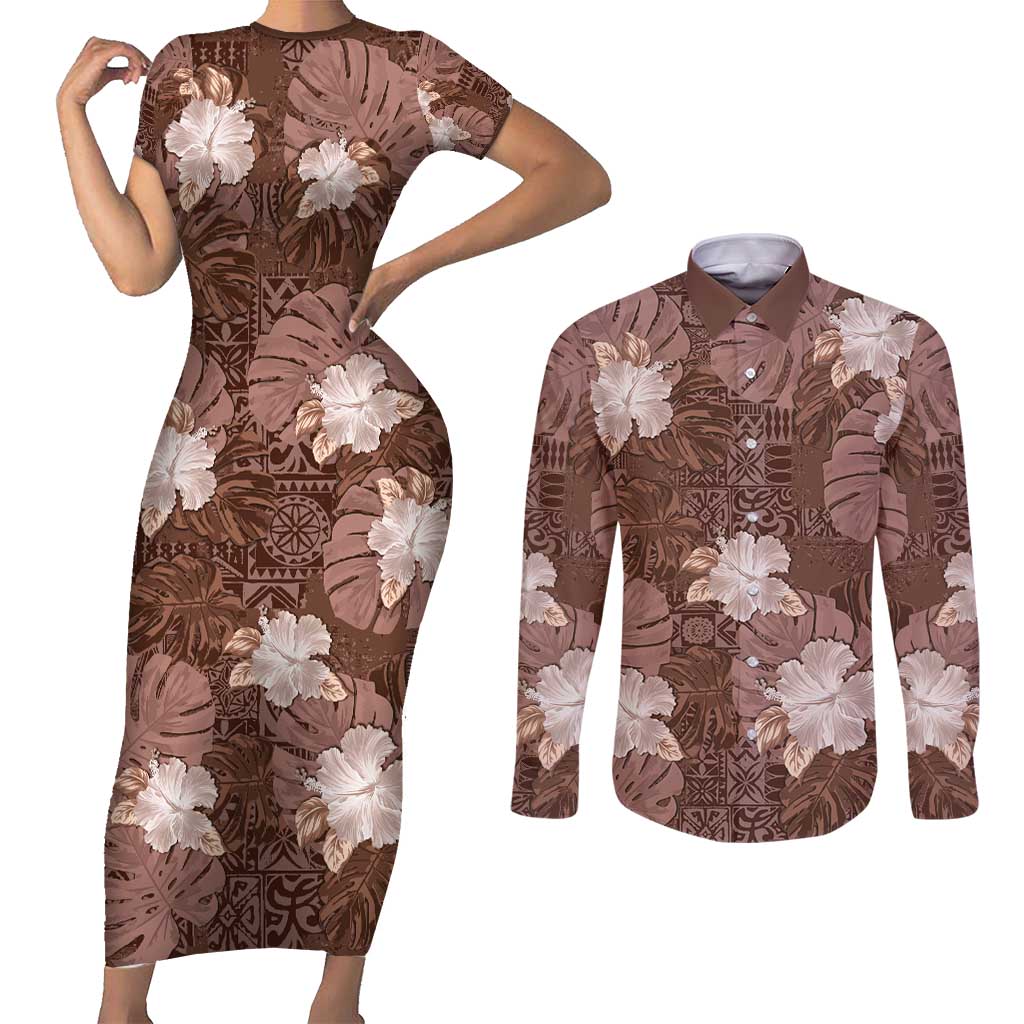 Hawaii Couples Matching Short Sleeve Bodycon Dress and Long Sleeve Button Shirt Brown Polynesian Monstera Patterns DT05 Brown - Polynesian Pride