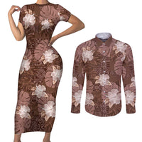 Hawaii Couples Matching Short Sleeve Bodycon Dress and Long Sleeve Button Shirt Brown Polynesian Monstera Patterns DT05 Brown - Polynesian Pride