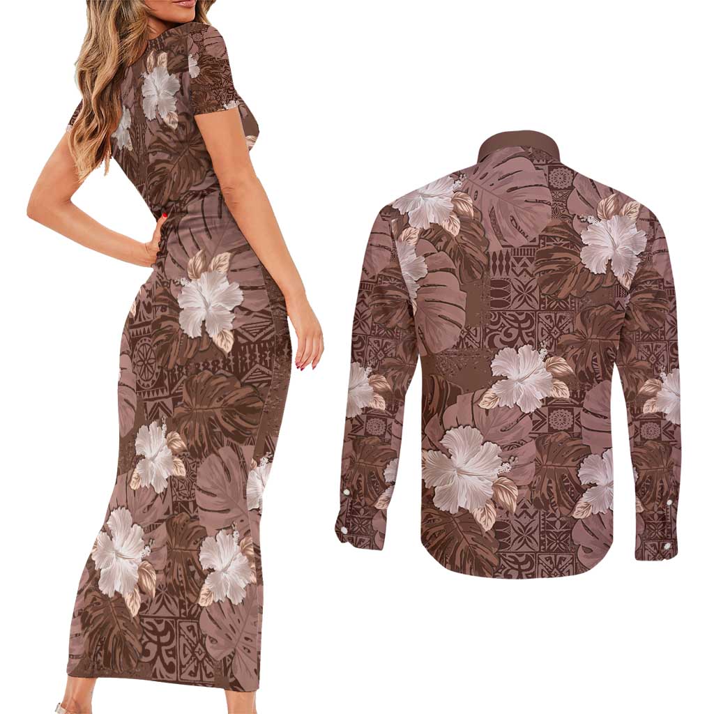 Hawaii Couples Matching Short Sleeve Bodycon Dress and Long Sleeve Button Shirt Brown Polynesian Monstera Patterns DT05 - Polynesian Pride