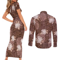 Hawaii Couples Matching Short Sleeve Bodycon Dress and Long Sleeve Button Shirt Brown Polynesian Monstera Patterns DT05 - Polynesian Pride
