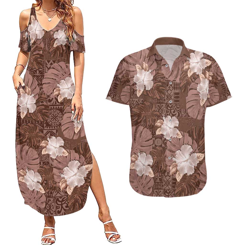 Hawaii Couples Matching Summer Maxi Dress and Hawaiian Shirt Brown Polynesian Monstera Patterns DT05 Brown - Polynesian Pride