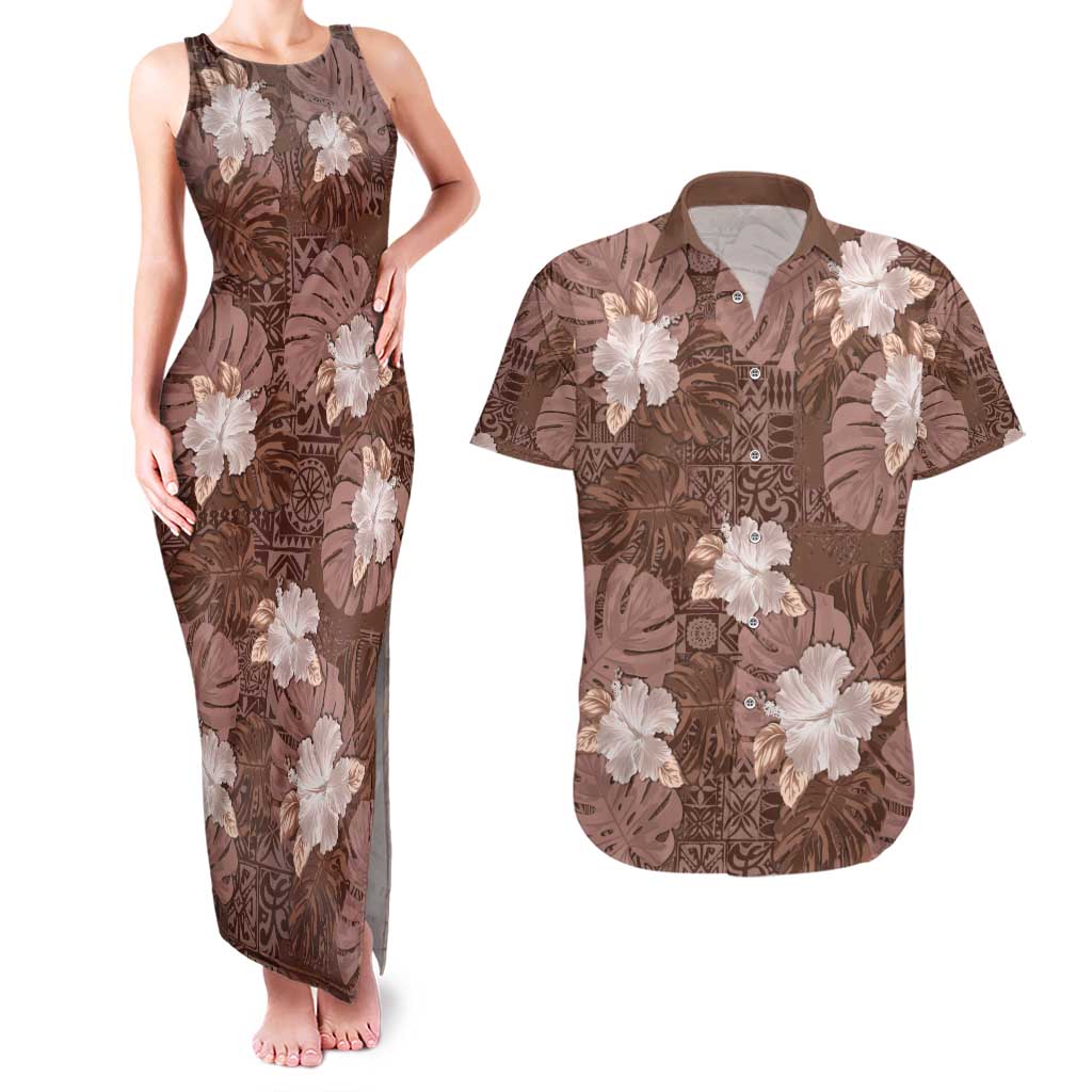 Hawaii Couples Matching Tank Maxi Dress and Hawaiian Shirt Brown Polynesian Monstera Patterns DT05 Brown - Polynesian Pride