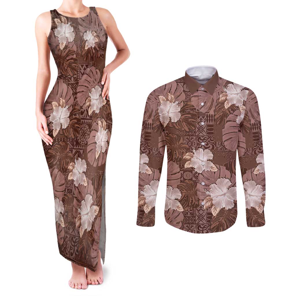 Hawaii Couples Matching Tank Maxi Dress and Long Sleeve Button Shirt Brown Polynesian Monstera Patterns DT05 Brown - Polynesian Pride