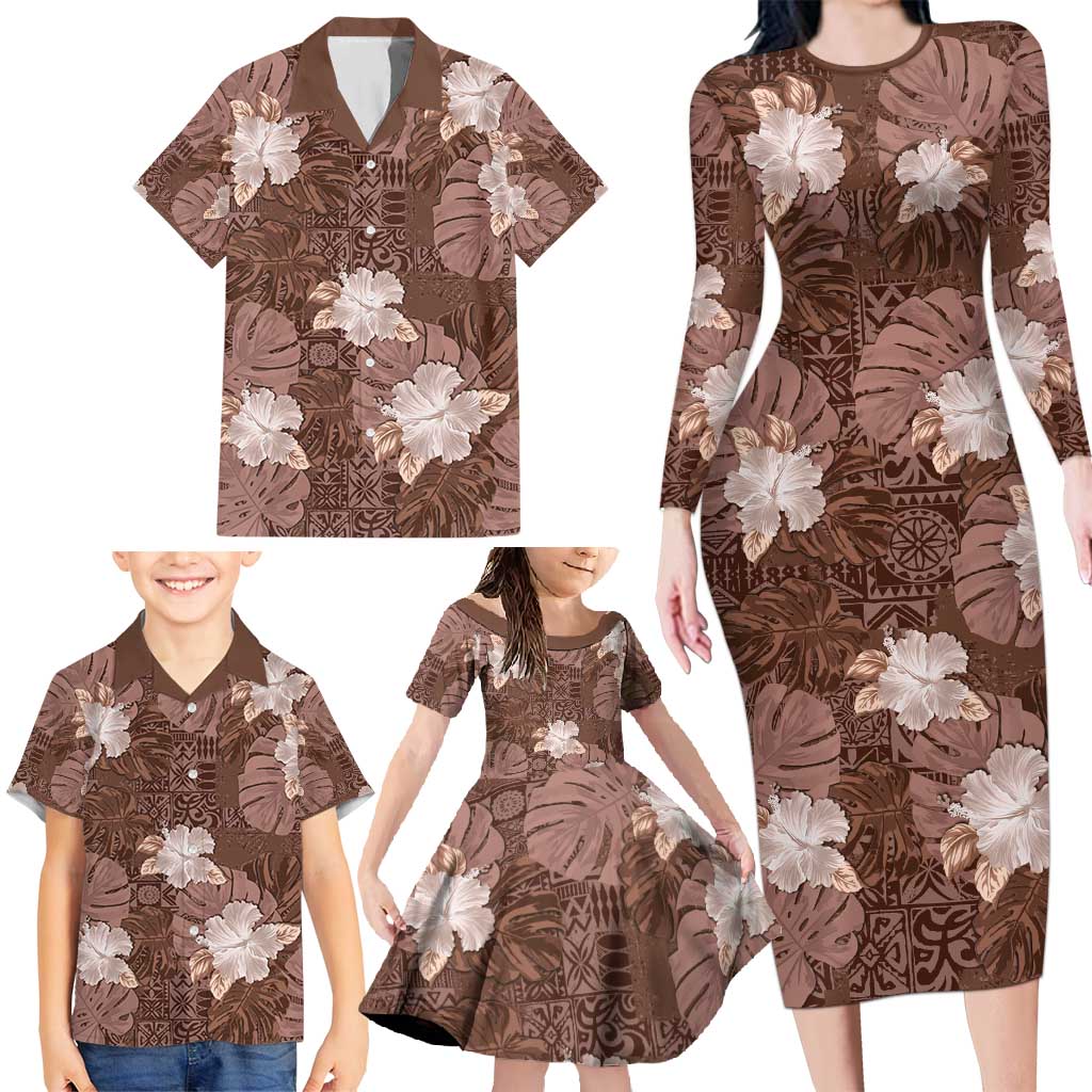 Hawaii Family Matching Long Sleeve Bodycon Dress and Hawaiian Shirt Brown Polynesian Monstera Patterns DT05 - Polynesian Pride