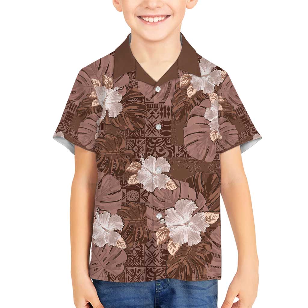 Hawaii Family Matching Long Sleeve Bodycon Dress and Hawaiian Shirt Brown Polynesian Monstera Patterns - Polynesian Pride