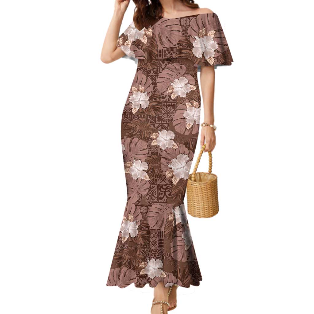 Hawaii Family Matching Mermaid Dress and Hawaiian Shirt Brown Polynesian Monstera Patterns - Polynesian Pride