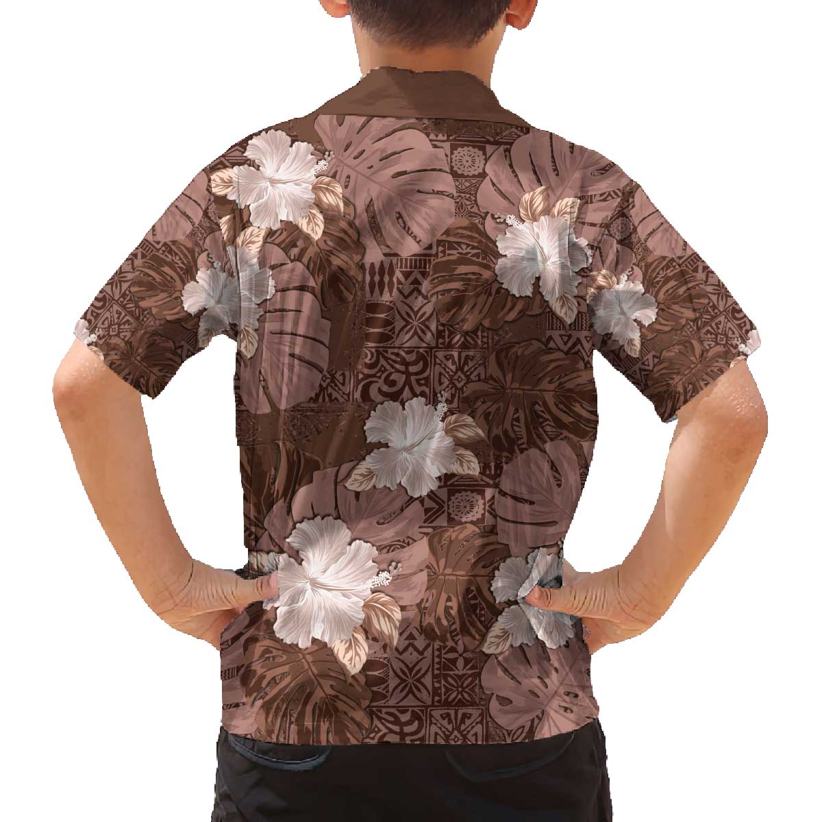 Hawaii Family Matching Off The Shoulder Long Sleeve Dress and Hawaiian Shirt Brown Polynesian Monstera Patterns - Polynesian Pride