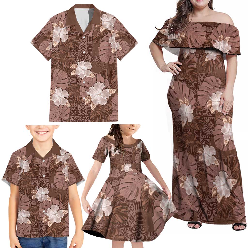 Hawaii Family Matching Off Shoulder Maxi Dress and Hawaiian Shirt Brown Polynesian Monstera Patterns DT05 - Polynesian Pride