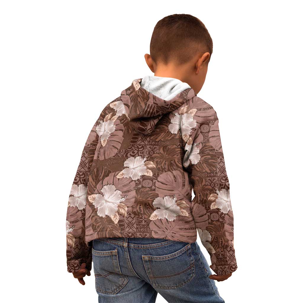 Hawaii Kid Hoodie Brown Polynesian Monstera Patterns - Polynesian Pride