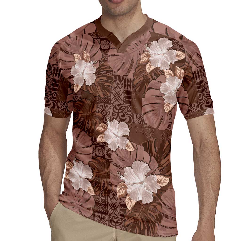 Hawaii Rugby Jersey Brown Polynesian Monstera Patterns - Polynesian Pride