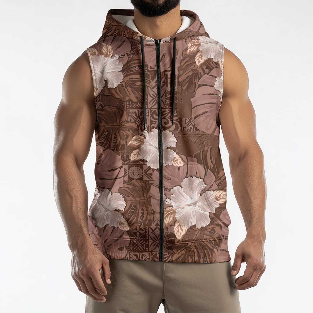 Hawaii Sleeveless Zip Hoodie Brown Polynesian Monstera Patterns - Polynesian Pride
