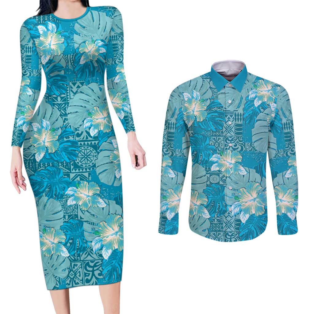 Hawaii Couples Matching Long Sleeve Bodycon Dress and Long Sleeve Button Shirt Teal Polynesian Monstera Patterns DT05 Teal - Polynesian Pride