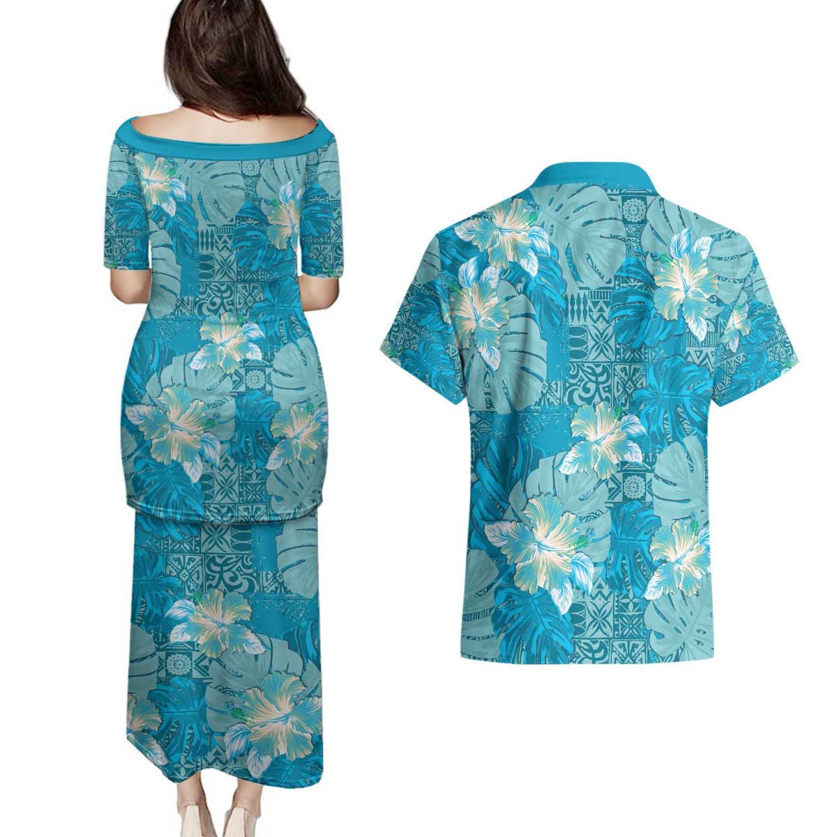 Hawaii Couples Matching Puletasi and Hawaiian Shirt Teal Polynesian Monstera Patterns - Polynesian Pride