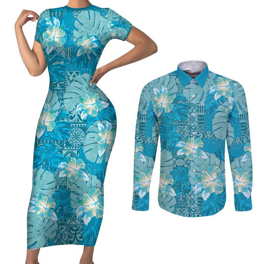 Hawaii Couples Matching Short Sleeve Bodycon Dress and Long Sleeve Button Shirt Teal Polynesian Monstera Patterns DT05 Teal - Polynesian Pride
