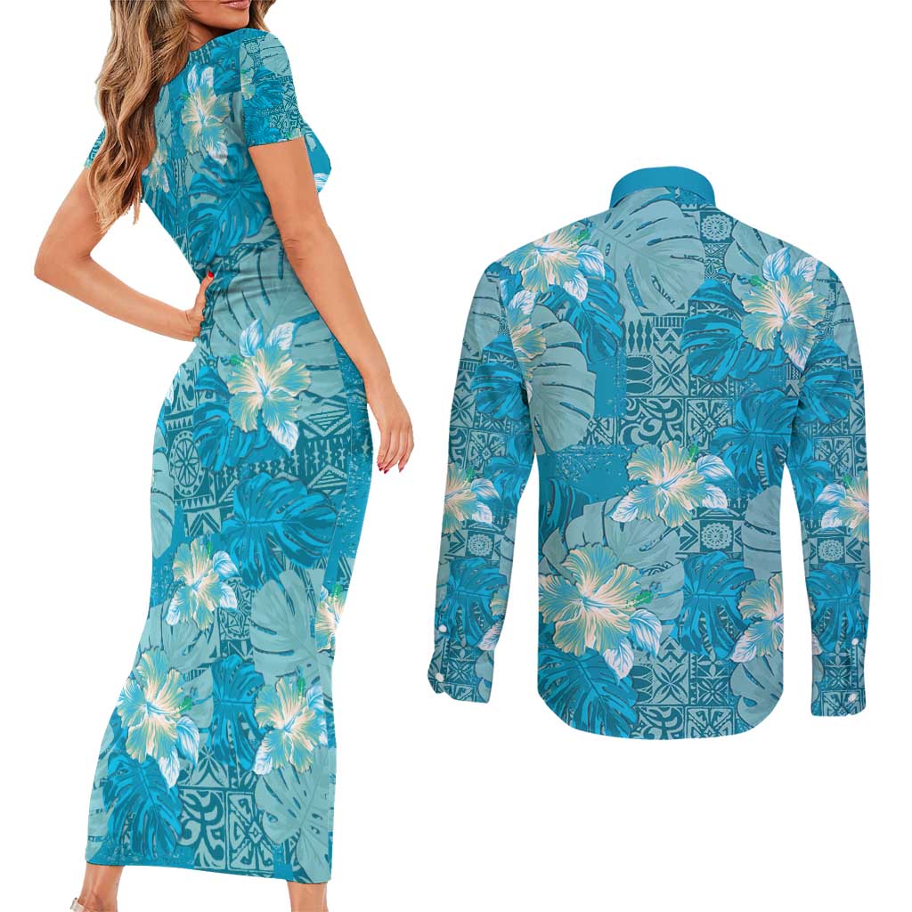 Hawaii Couples Matching Short Sleeve Bodycon Dress and Long Sleeve Button Shirt Teal Polynesian Monstera Patterns DT05 - Polynesian Pride