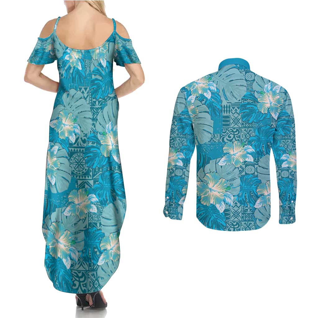 Hawaii Couples Matching Summer Maxi Dress and Long Sleeve Button Shirt Teal Polynesian Monstera Patterns - Polynesian Pride