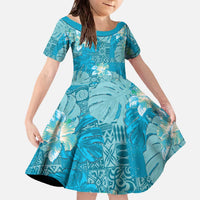 Hawaii Family Matching Off The Shoulder Long Sleeve Dress and Hawaiian Shirt Teal Polynesian Monstera Patterns - Polynesian Pride