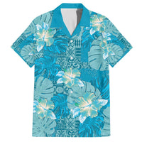 Hawaii Family Matching Off The Shoulder Long Sleeve Dress and Hawaiian Shirt Teal Polynesian Monstera Patterns - Polynesian Pride