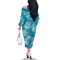 Hawaii Family Matching Off The Shoulder Long Sleeve Dress and Hawaiian Shirt Teal Polynesian Monstera Patterns - Polynesian Pride