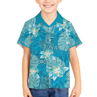 Hawaii Family Matching Off The Shoulder Long Sleeve Dress and Hawaiian Shirt Teal Polynesian Monstera Patterns - Polynesian Pride